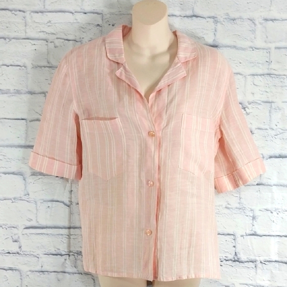Agatha Brown Linen Short Sleeve Top Striped Pink White Sz 12 - Picture 1 of 5